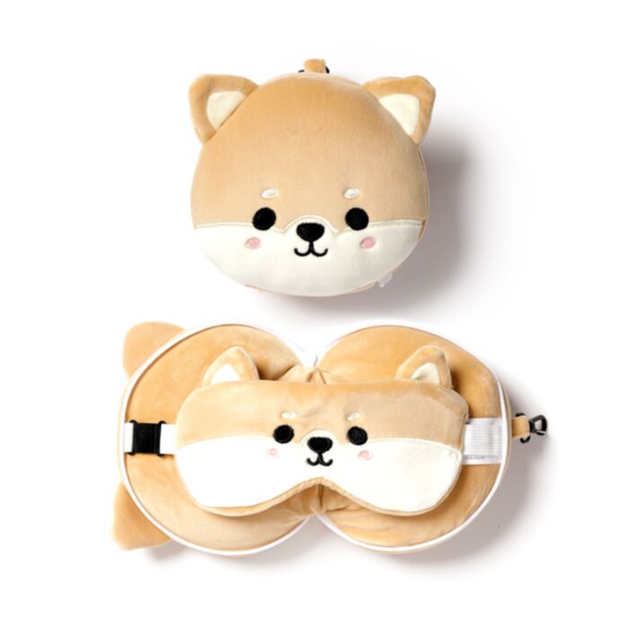 Relaxeazzz Plysch Shiba Inu Hund Rund Resekudde & Ögonmask