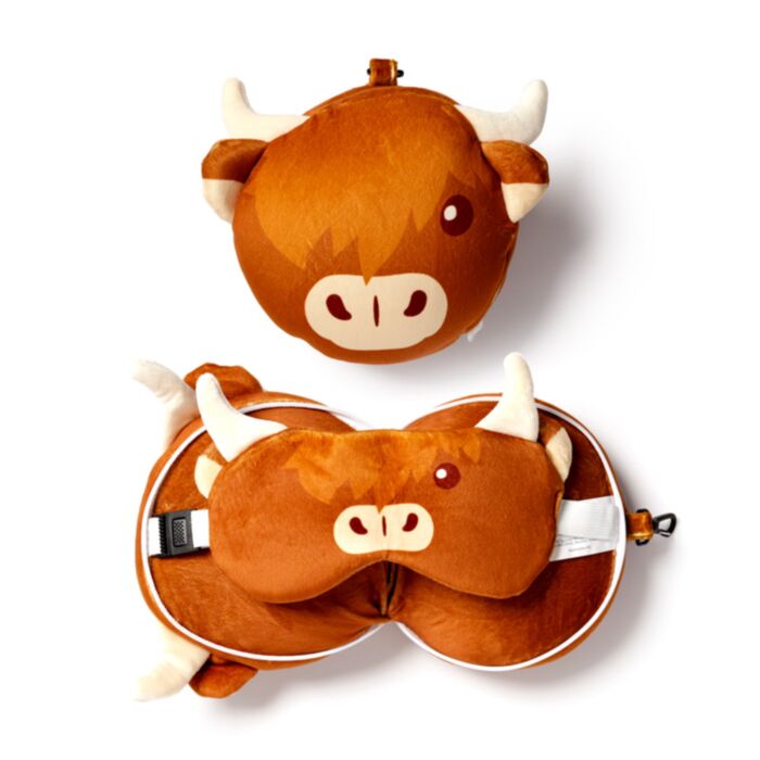 Relaxeazzz Highland Coo Ko Rund Plysch Resekudde & Ögonmask
