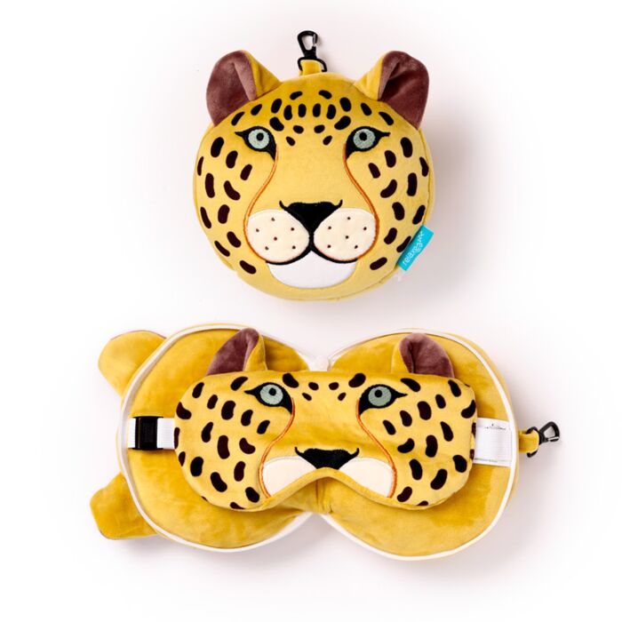 Relaxeazzz Leopard Rund Plysch Resekudde & Ögonmask
