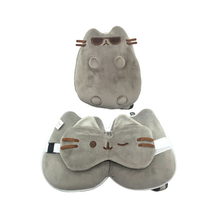 Relaxeazzz Pusheen Cat Katt med Solglasögon Plysch Formad Resekudde & Ögonmask