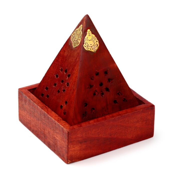 Mangoträ Pyramid Rökelsehållare & Låda för Koner med Buddha & Nätmönster