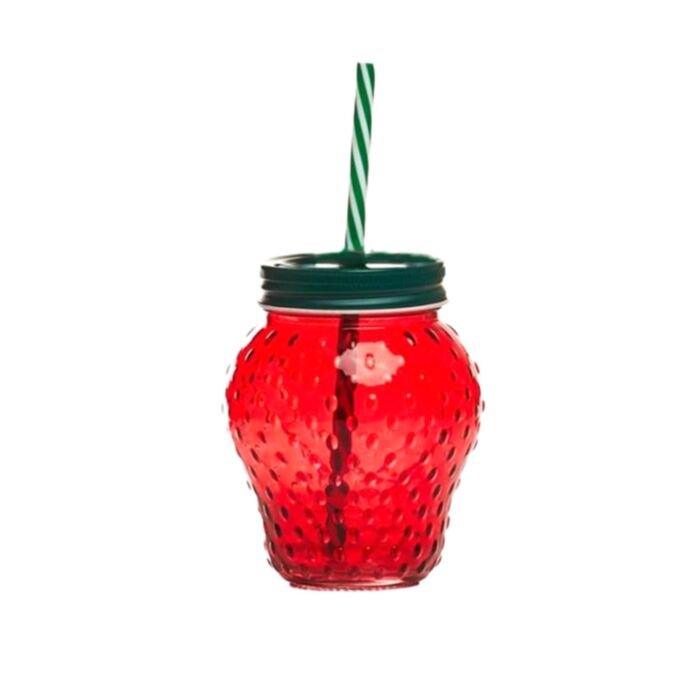 Foodiemals Jordgubbsformad Mason Jar med Sugrör & Lock