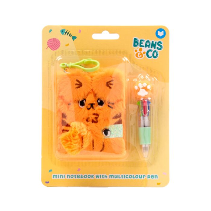 Beans & Co Katt Plysch A7 Mini Anteckningsbok & Multifärgpenna (4 Färger)