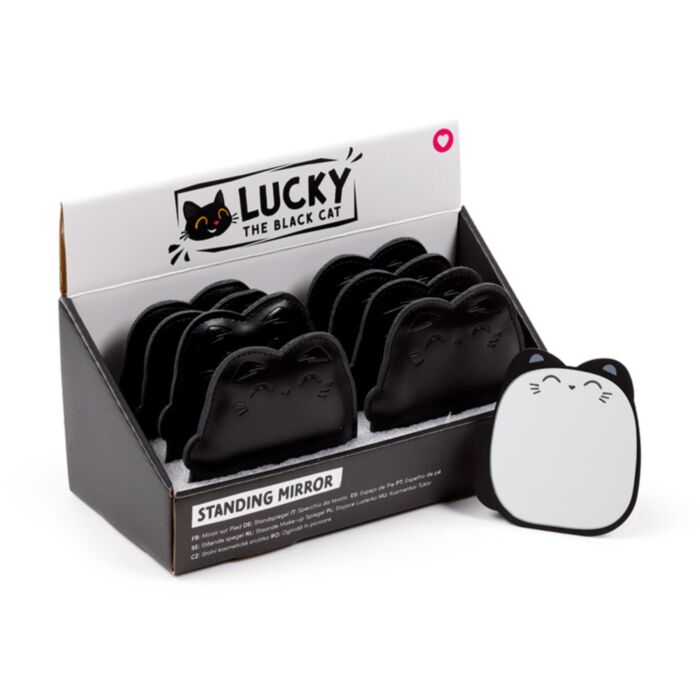 Lucky the Black Cat Svart Katt Fristående Mini Fickspegel
