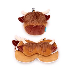 Relaxeazzz Highland Coo Plysch Resekudde & Ögonmask